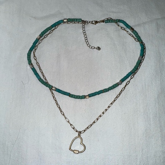 Turquoise Beaded Antique Gold Heart Charm Layered Necklace - Picture 1 of 4